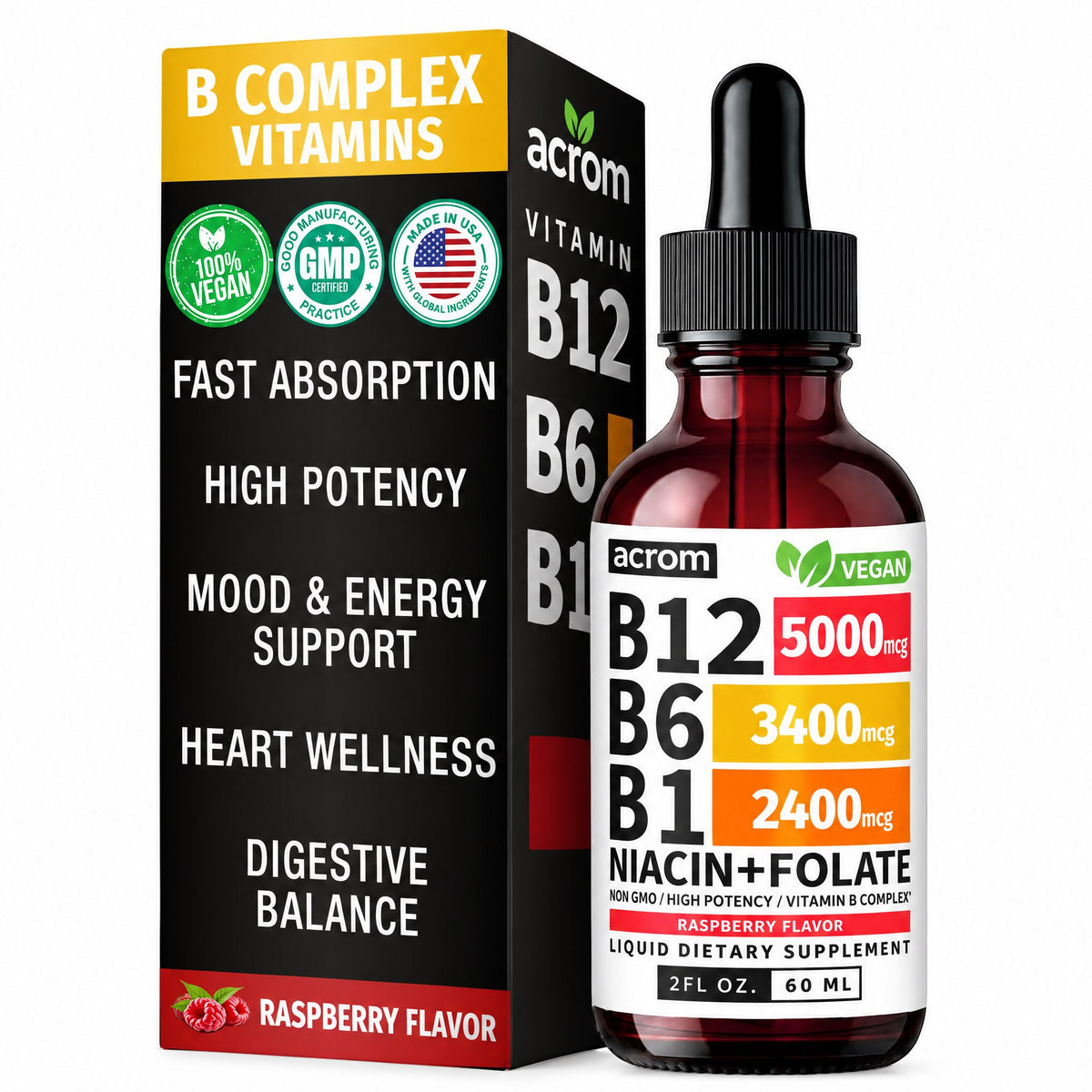 ACROM B12 Plex 5000mcg sublingual liquid B-complex, carton and 60ml dropper bottle