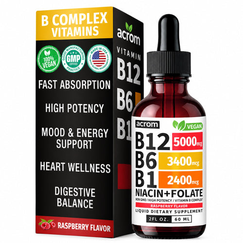 ACROM B12 Plex 5000mcg sublingual liquid B-complex, carton and 60ml dropper bottle